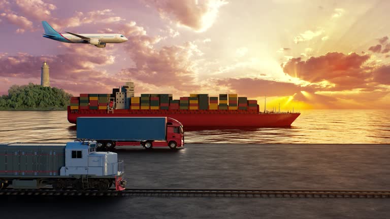 Logistik mit Schiff, Flugzeug, Bahn und Lkw